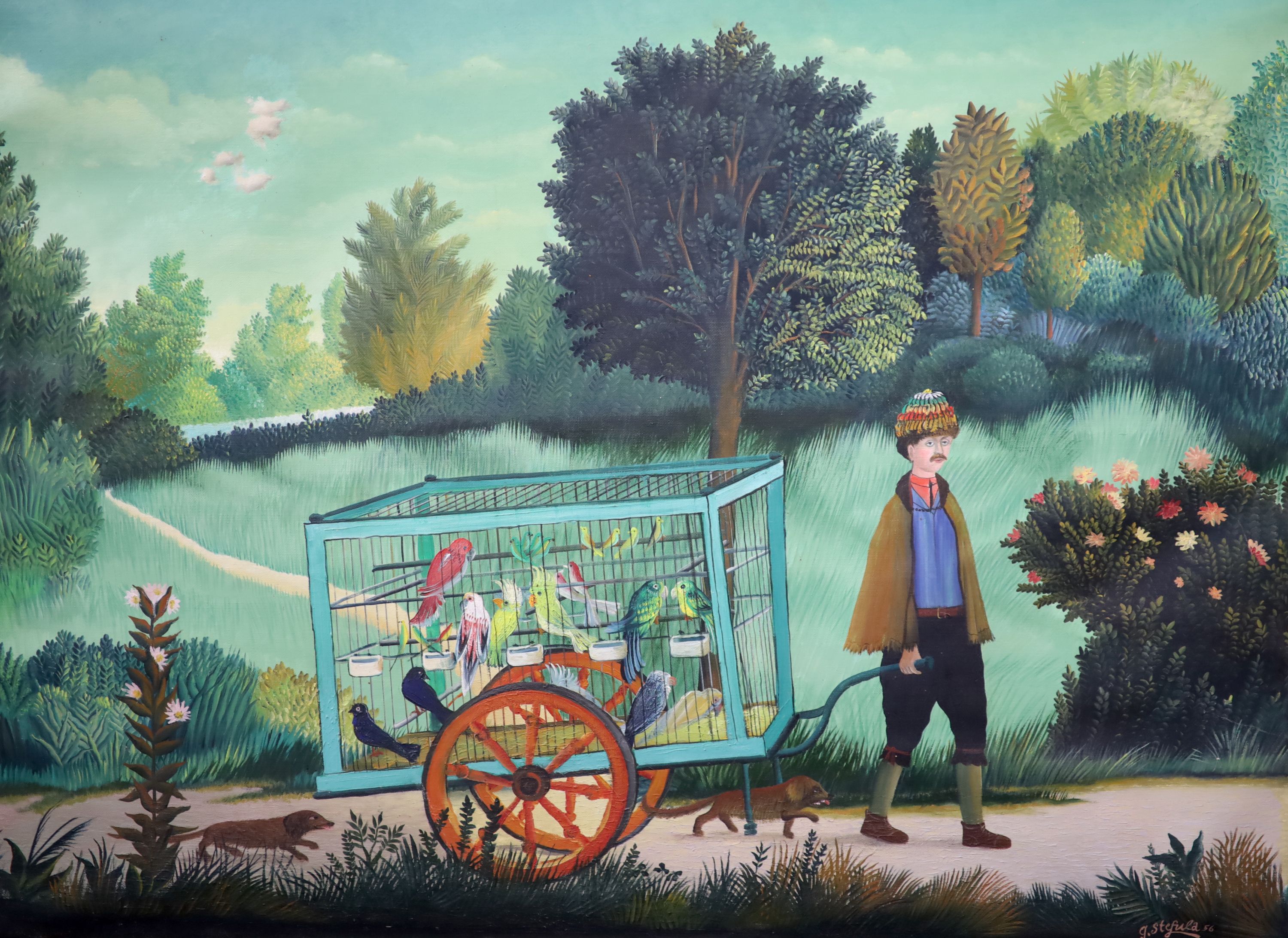 Gyorgy Stefola (German, 1913-1999), The Bird Seller, Oil on canvas, 55 x 74cm.